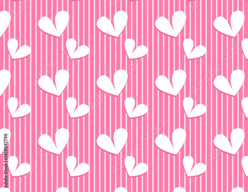 Patrón infinito de corazones blancos con fondo rosa y lineas blancas.