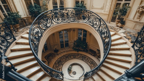 Elegant spiral staircase in a luxurious mansion.  Possible use Home decor, real estate