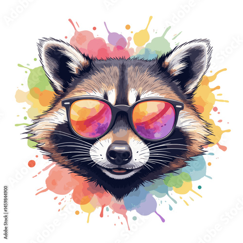 Raccoon wearing sunglasses with a cheerful expression on a transparent background, vector illustration