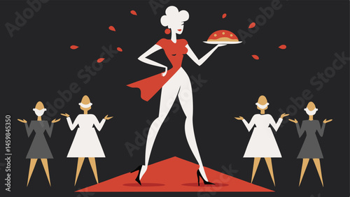 Runway Pizza Moment Depicted strutting down a runway the supermodel is dressed in an eccentric haute couture outfit. She has one hand on her hip and the other raised with a slice