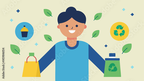 Shopper with Bags A smiling shopper holds colorful reusable bags surrounded by small icons of recycling arrows plants and water droplets.