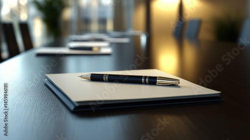 A modern corporate meeting space a rectangular dark wood conference table, where elegant pens rest atop crisp notepads, under professional