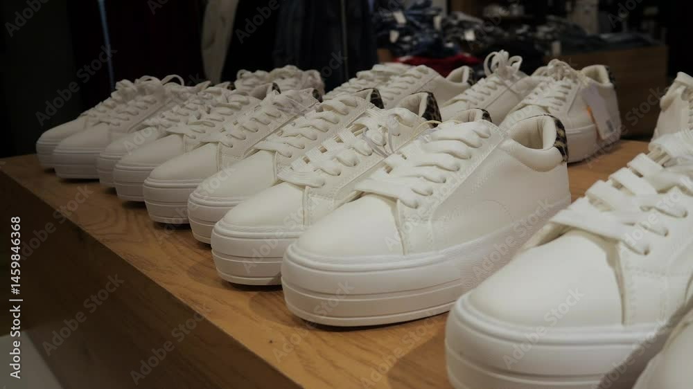 White leather classic sneakers standing in a row on a store shelf. New sneaker collection in the store.
