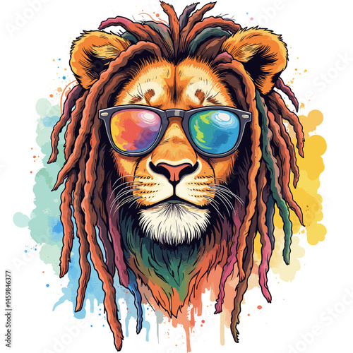 Vector illustration of a lion with dreadlocks and sunglasses on a transparent background