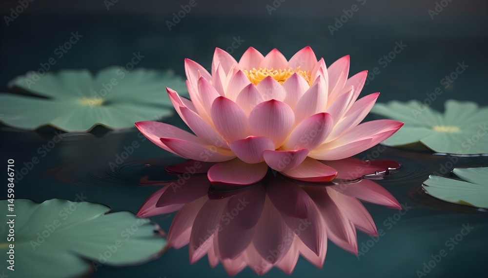 A gorgeous pink lotus flower, reflecting on the water, radiates peace and beauty. A gorgeous pink lotus flower, reflecting on the water, radiates peace and beauty.