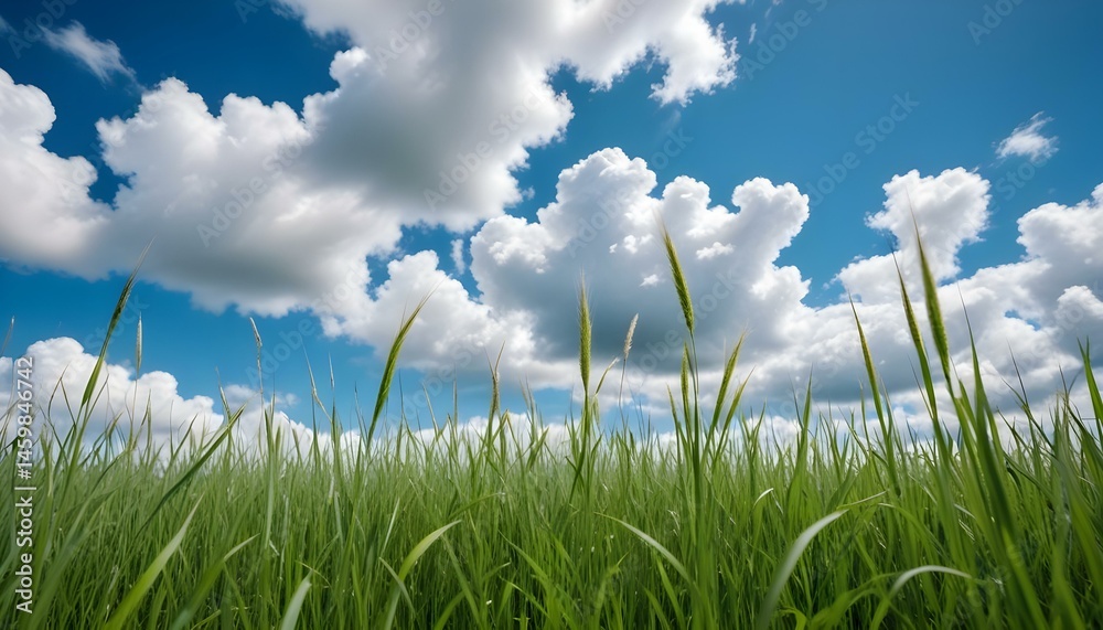 Obraz premium A breathtaking view of a lush green field under a stunning blue sky filled with fluffy clouds.