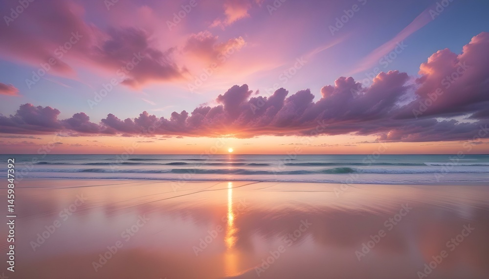 Fototapeta premium Stunning sunset paints the sky with vibrant hues, reflecting on a tranquil beach with gentle waves.