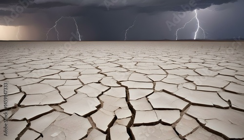 Striking lightning bolts illuminate a cracked desert landscape under a turbulent, stormy sky.