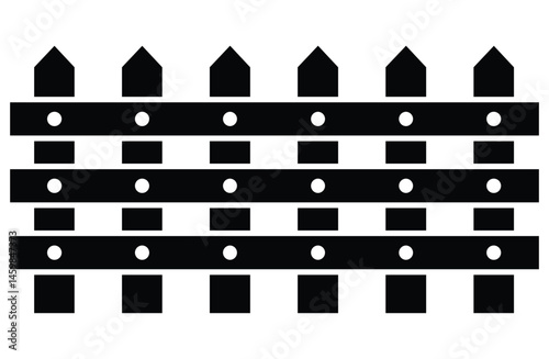 Stylized black wooden fence vector illustration with vertical posts, triangular peaks, and horizontal beams on white. Minimalist frontal view, clean graphic design. Symbolizes simplicity, solid