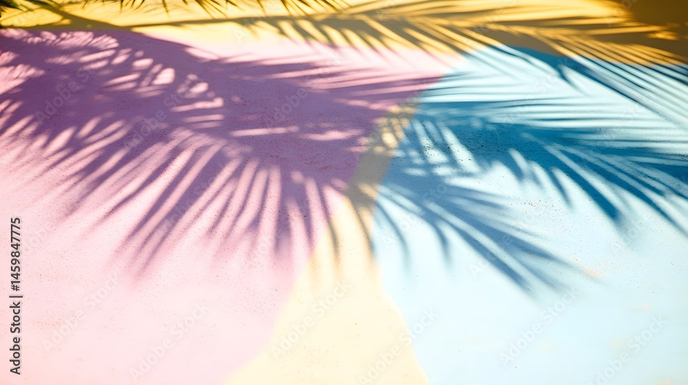Colorful shadows cast by palm leaves on a painted surface.