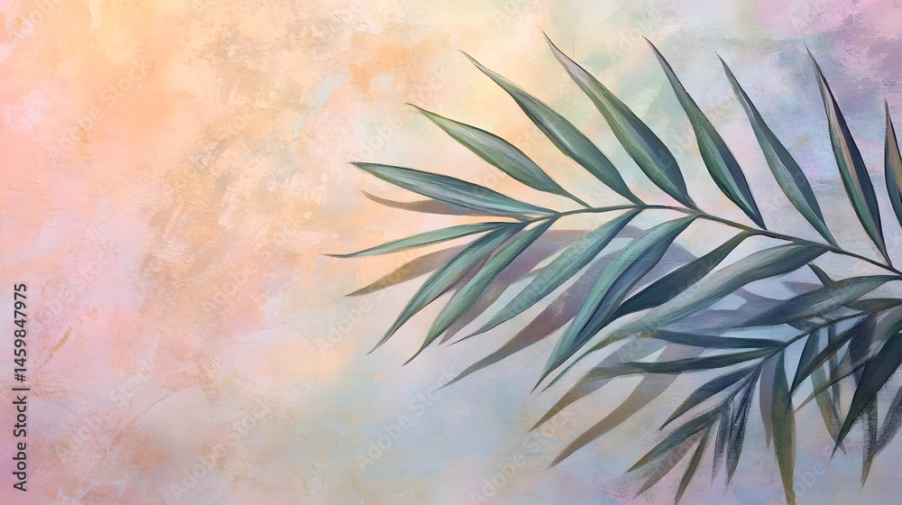 Pastel colored background with a tropical leaf.