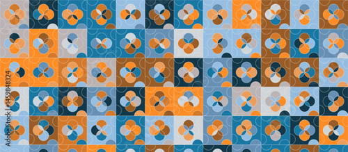  Moroccan style  repeating tile pattern with overlapping floral motifs in orange-brown, light blue, light gray, and textured details