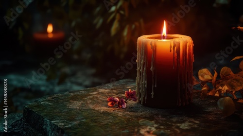 A moody candlelit setting, deep warm tones blending with gentle flame