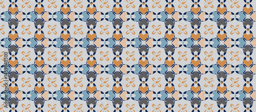 Moroccan-inspired repeating floral pattern with geometric tessellation in muted orange-brown, peach, dusty blue, dark gray, and navy
