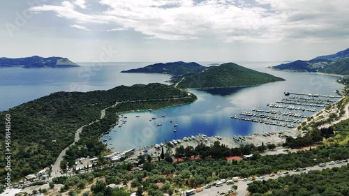 Stunning aerial view of Kas, a charming coastal town in Turkey, nestled between mountains and the Mediterranean Sea