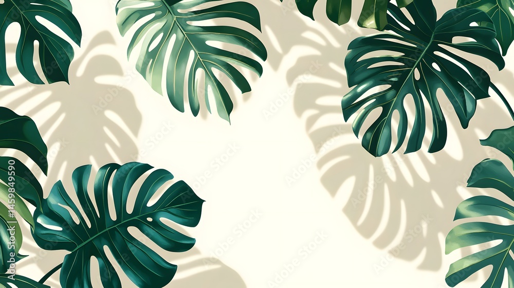 Lush tropical leaves cast soft shadows on a cream background.