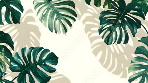 Obraz na płótnie Lush tropical leaves cast soft shadows on a cream background. w salonie