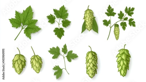 Collection of Hop Cones and Leaves: Brewing Ingredients Illustration