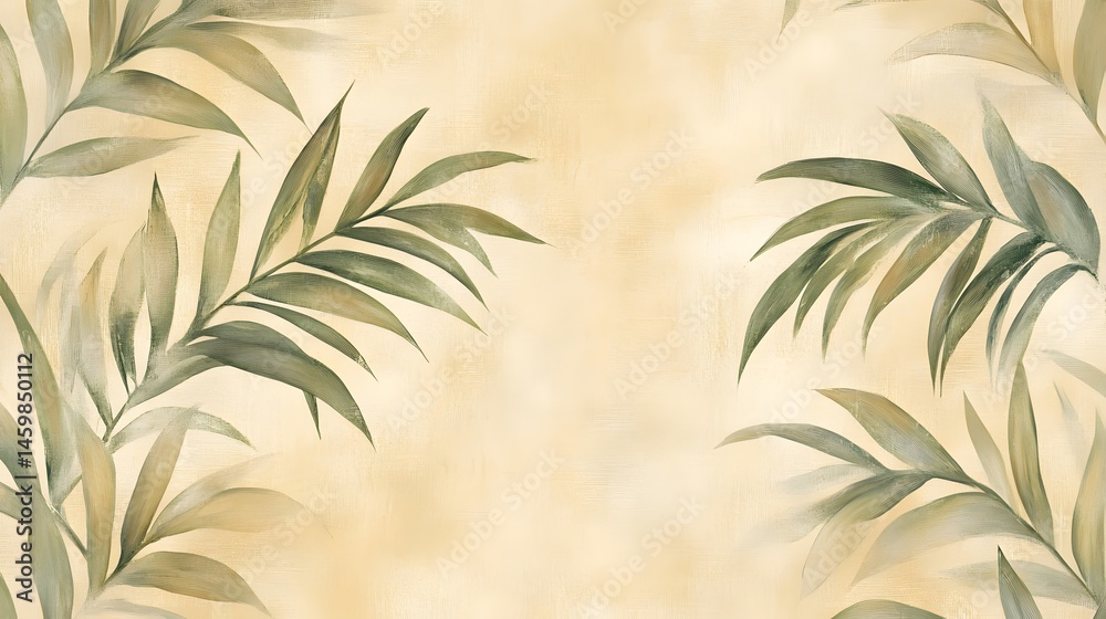Delicate painted tropical foliage on a pastel background.
