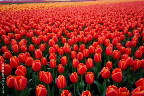 Aerial view of a colorful tulip field in full bloom, showcasing the beauty of spring.