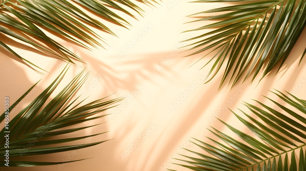 Light-dappled beige background framed by lush palm fronds.