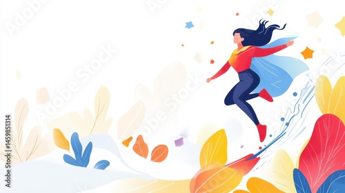 Concept of business boost and growth. Superhero businesswoman flying off of springboard to business chart top illustration , no logos, no brands