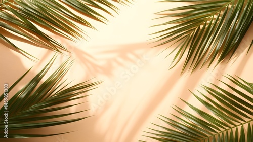 Obraz na płótnie Light-dappled beige background framed by lush palm fronds. w salonie