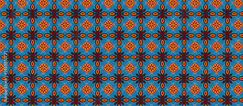  intricate Mosaic  repeating floral pattern with symmetrical orange-red and dark brown motifs on a light teal-turquoise background