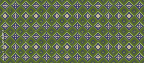 arabesque Style repeating geometric pattern with interlocking diamonds and squares in muted green, beige, and dark gray-blue