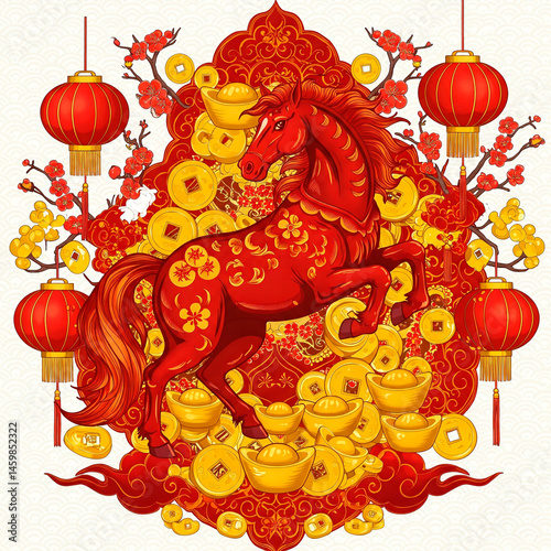 2026 Year of the Fire Horse New Year Illustration with Lanterns, Coins, and Cherry Blossoms for Festive Cards and Decor