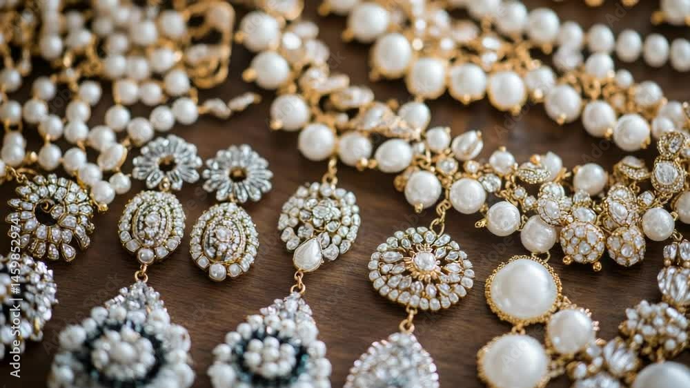 Jewelry pieces displayed on a table, great for use in e-commerce or advertising photoshoots Jewelry pieces displayed on a table, great for use in e-commerce or advertising photoshoots