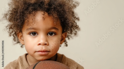 A young child with curly hair stares directly at the camera while holding a basketball close to their chest. The backdrop is neutral, focusing on the child's earnest expression and love for the game