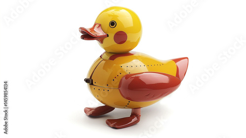 Yellow and red wind-up duck toy. Vintage, collectible, nostalgic charm.