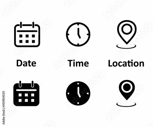  Date, time, location address icon set. Clock, calendar, location, reminder, adress symbols business sign stock illustration