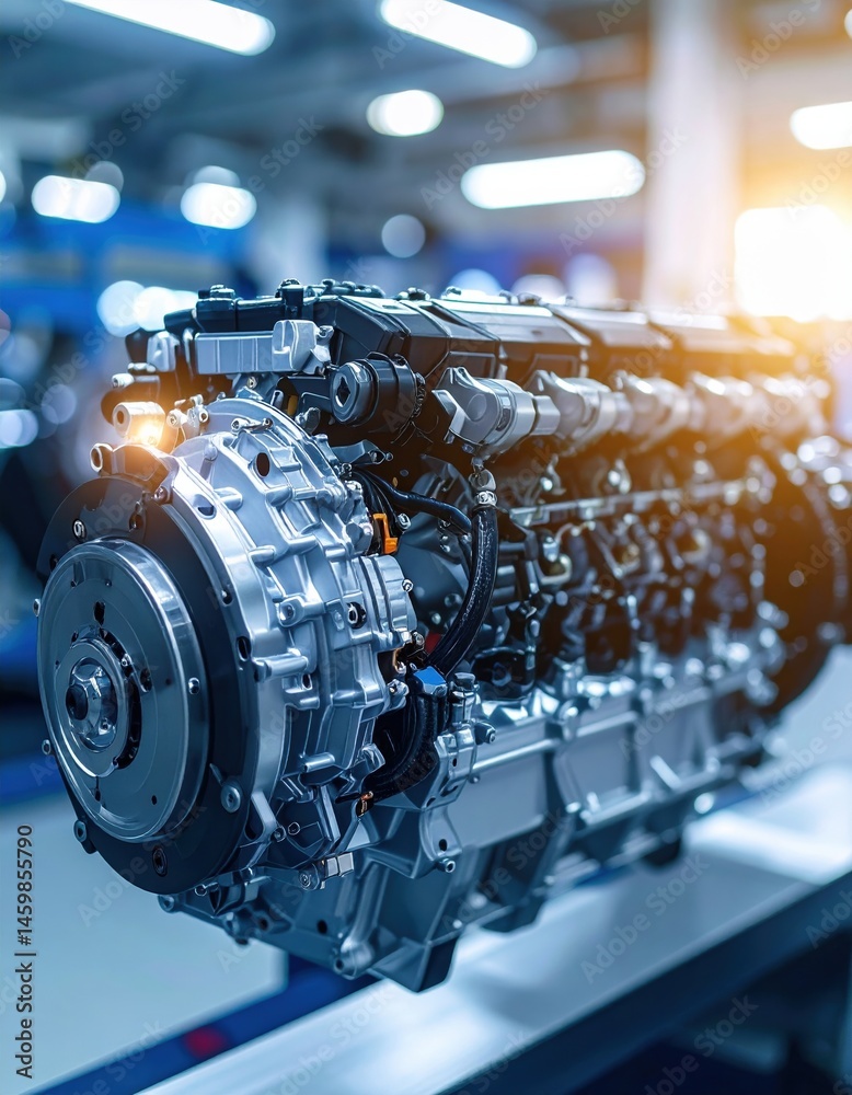 Obraz premium Powerful industrial engine in a factory setting with dynamic lighting