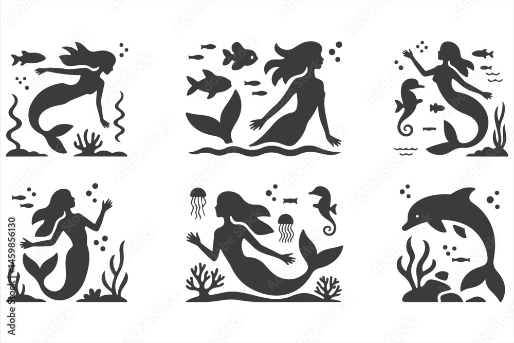 Fototapeta premium Magical Ocean Creatures: Mermaids, Pirate Ship, and Sea Life in Black Silhouette