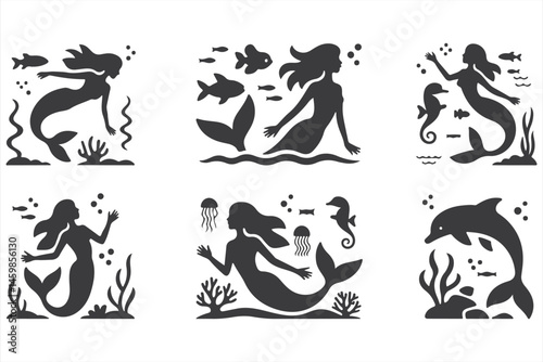 Magical Ocean Creatures: Mermaids, Pirate Ship, and Sea Life in Black Silhouette