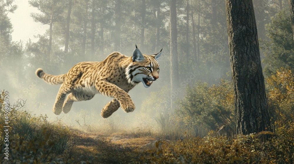 Obraz premium Pouncing lynx in misty forest clearing, showcasing its powerful stride and keen gaze