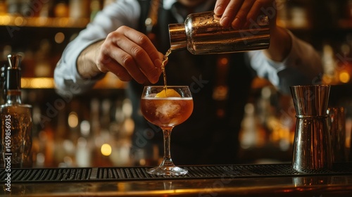 Bartender expertly pouring cocktail ingredients into a glass.