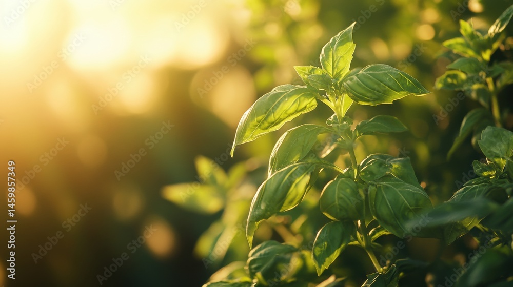 Obraz premium Lush basil leaves bathed in golden sunlight.