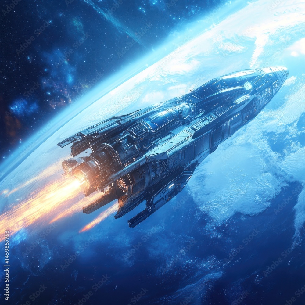 Fototapeta premium Spaceship launching into space, Earth in background.