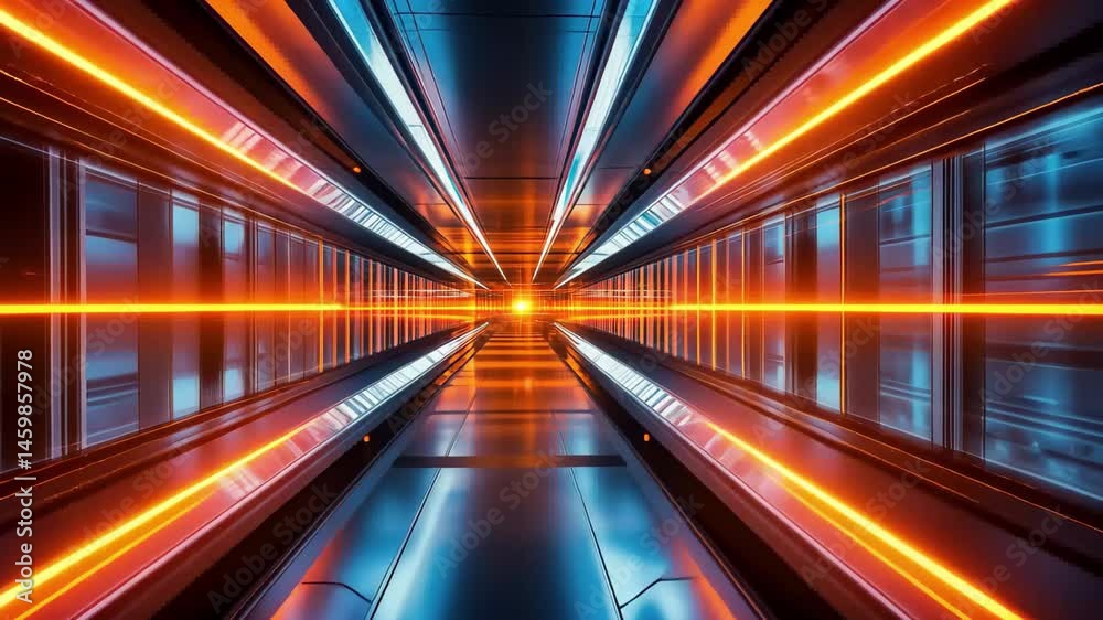 Futuristic corridor featuring blue and orange neon lights with dynamic motion effects, Blue and orange neon spaceship corridor technology game sport Sci Fi product display