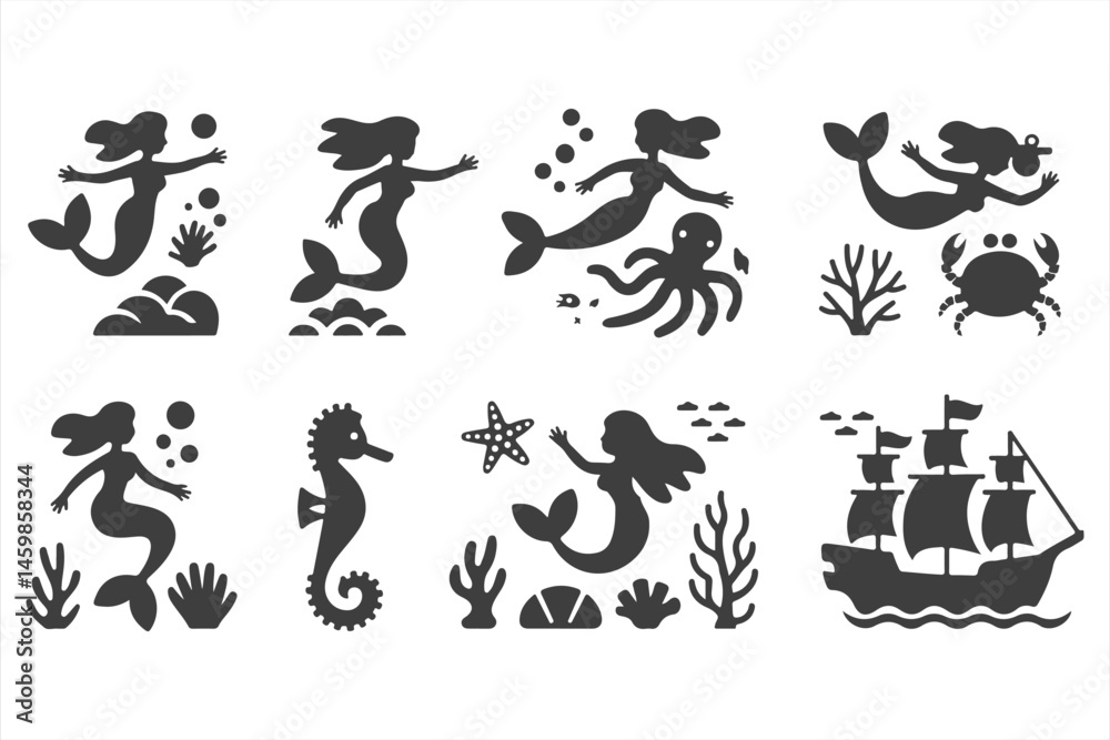 Naklejka premium Set of Mermaids, Sea Creatures, and Pirate Ship Illustrations in Silhouette for Fantasy Art