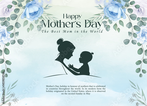 Happy Mother's Day Floral Greeting Card, Mother's Day Post with Watercolor Art, Elegant Mom and Child Silhouette Design, Floral Mother's Day Greeting Illustration, Sentimental Mother's Day Card Design