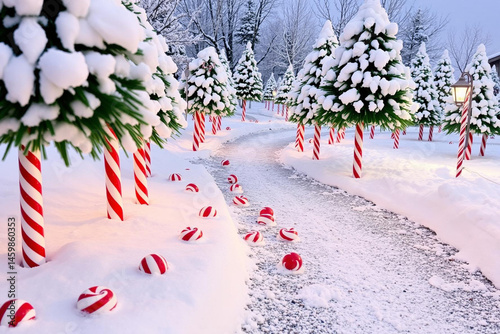 Snowy Pathway to Festive Wonderland with Candy Canes and Evergreen Trees