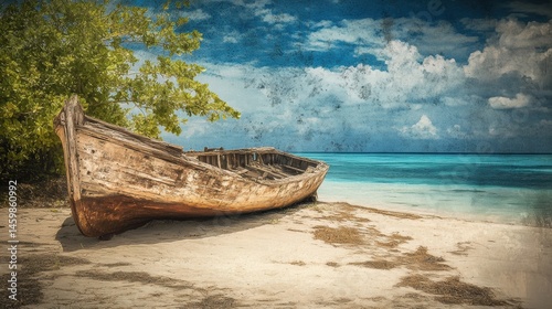 Aged wooden vessel resting on a tropical beach.