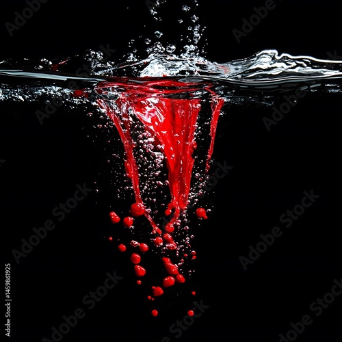 Red Liquid Splashing Underwater Black Background Dramatic