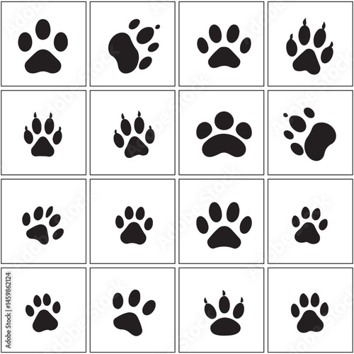 Vector black paw print icon set illustration