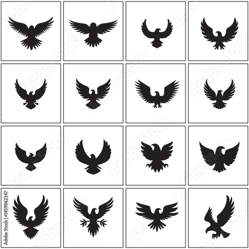 Vector Eagle icon set features black silhouette illustrations with nature-inspired designs