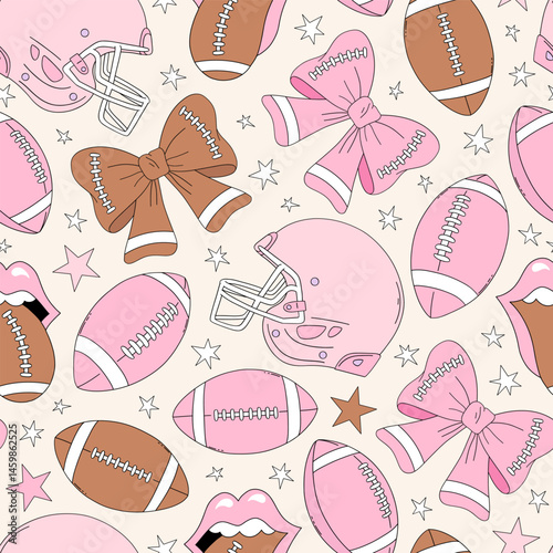 Retro Coquette Pink Girlie American football team equipment vector seamless pattern. Girl Sports Game Season Mom background.